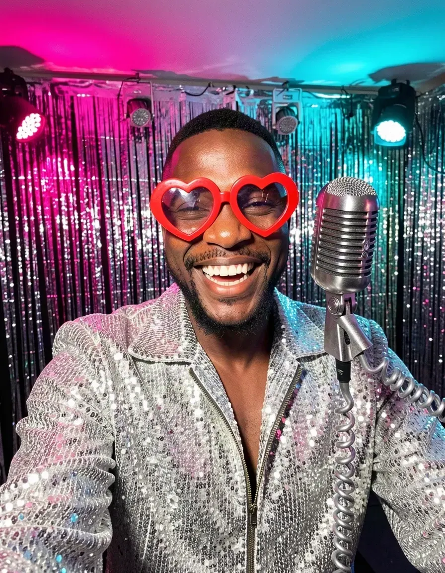 Disco theme: Kofi's portrait, now with heart-shaped glasses, a sequin jacket and a microphone