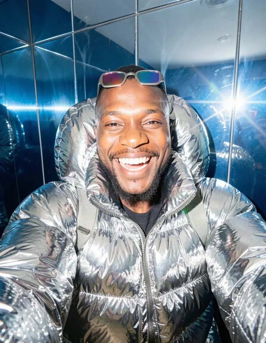 Kofi's portrait, now with a chrome puffer jacket
