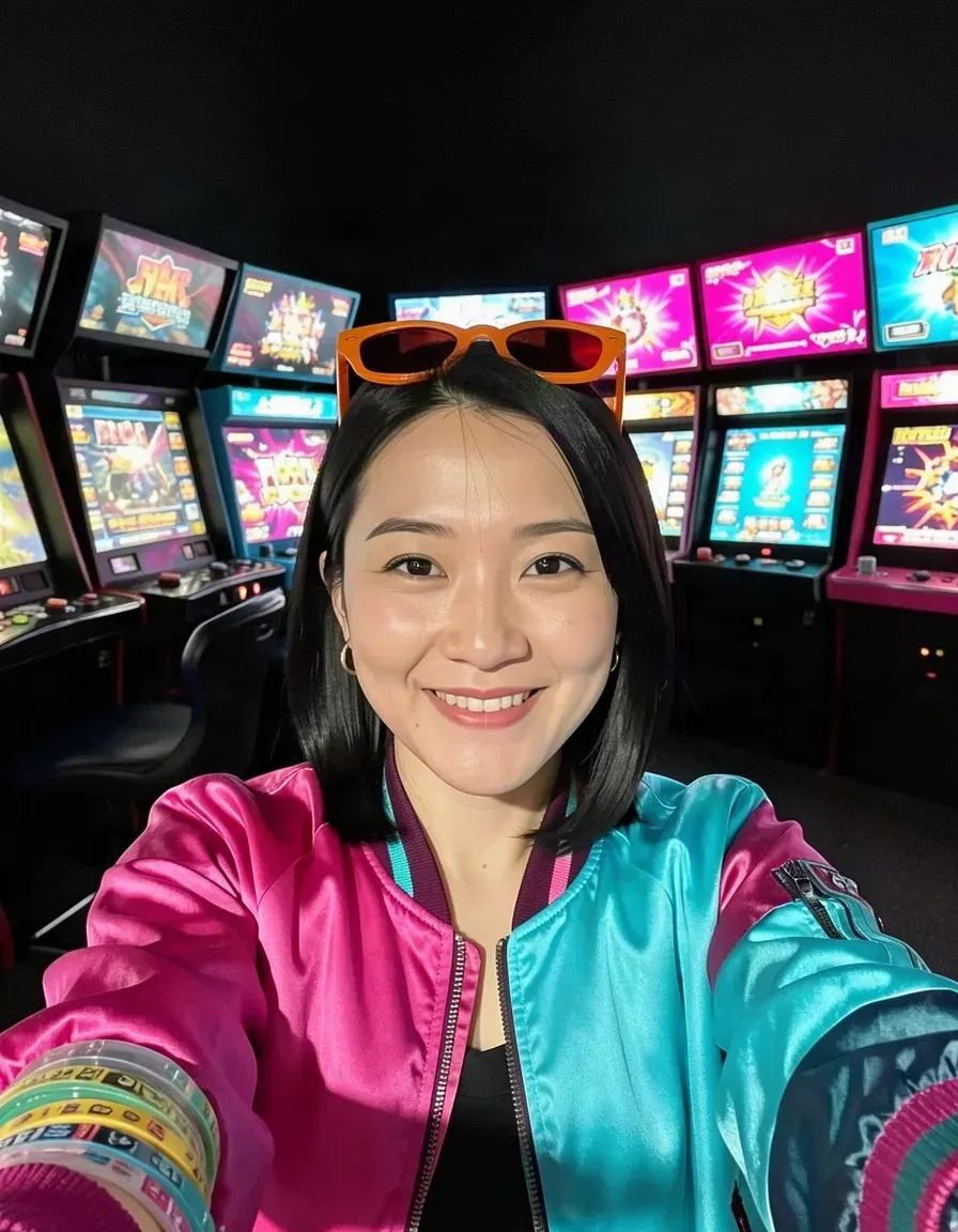 Mei's portrait, now with a satin jacket in a neon arcade