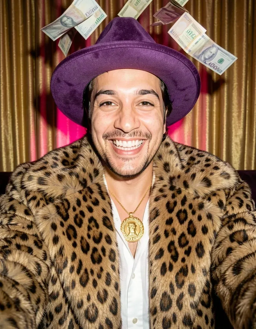 Rich theme: Rafa's portrait, now with a leopard fur coat and a purple hat