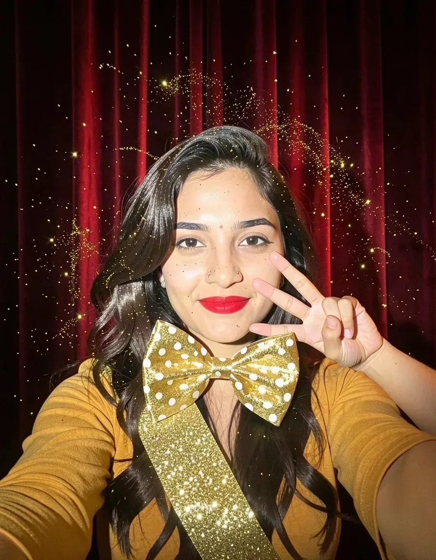 Booth theme: Priya's portrait, now with a gold sash and a giant bow tie