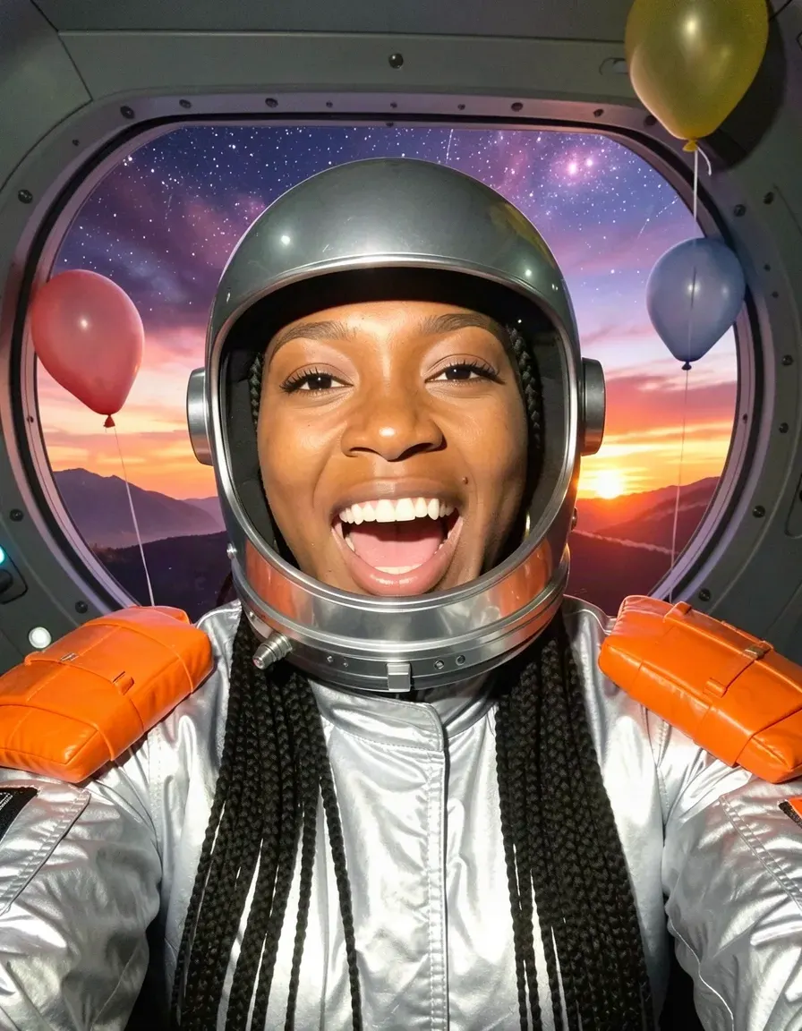 Amara's portrait, now with a silver space suit