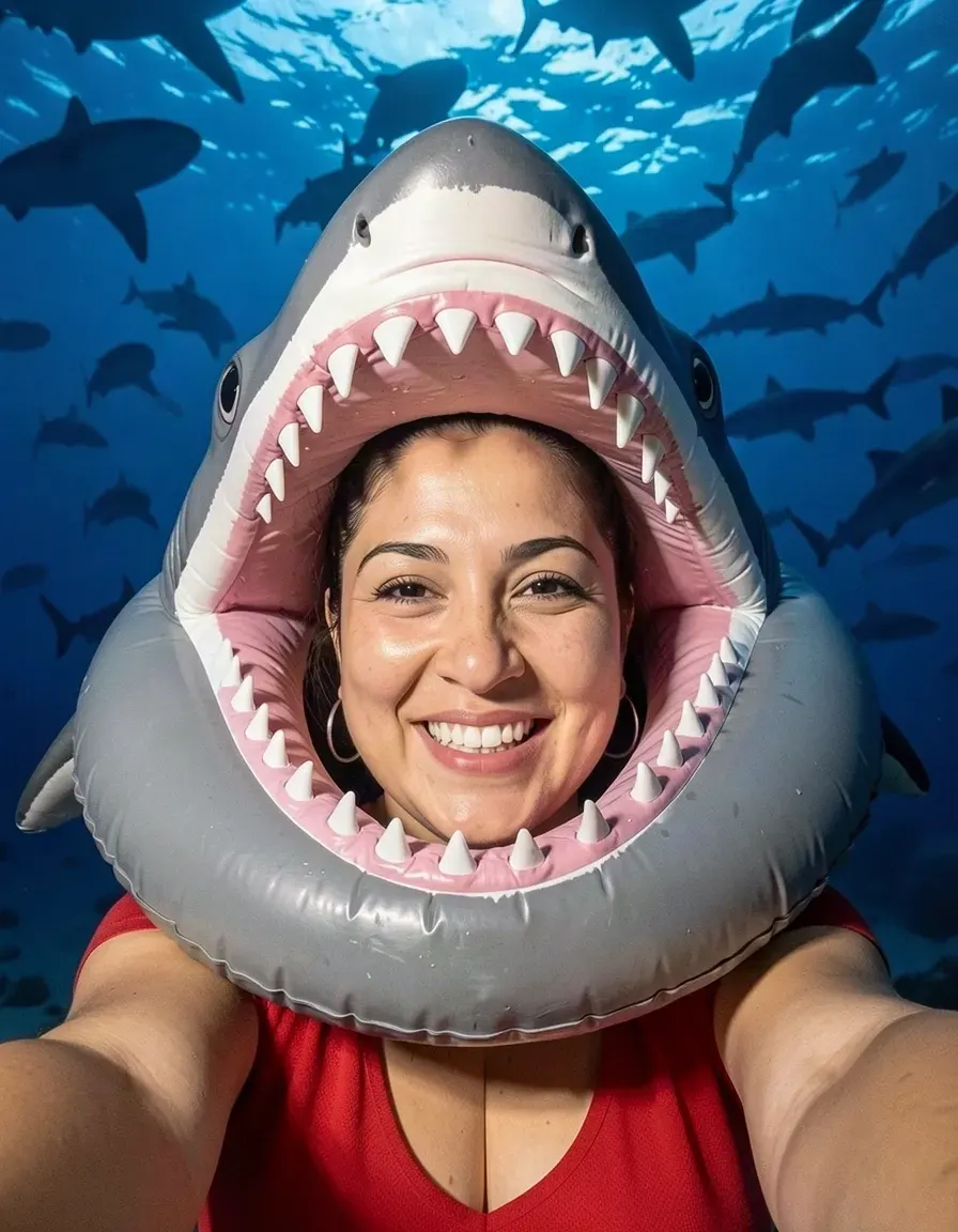 Sofía's portrait, now with an inflatable shark with its jaws open around the head