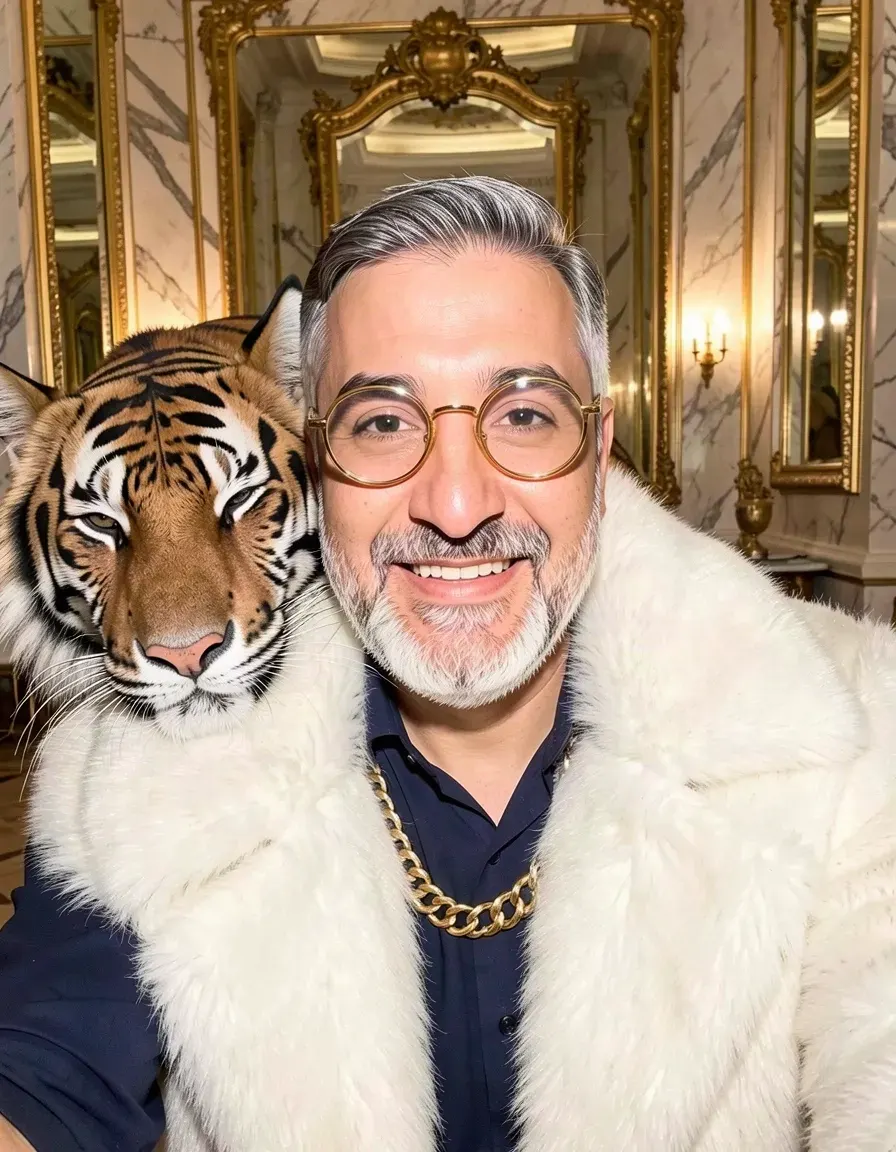 Rich theme: Omar's portrait, now with a tiger resting on one shoulder and a white fur coat