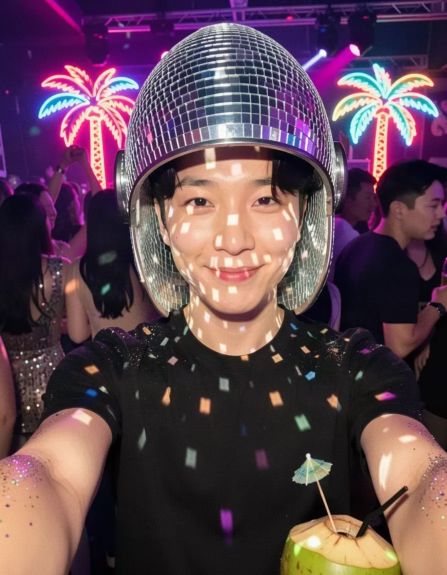 Disco theme: Joon's portrait, now with a mirror-ball helmet and a coconut drink