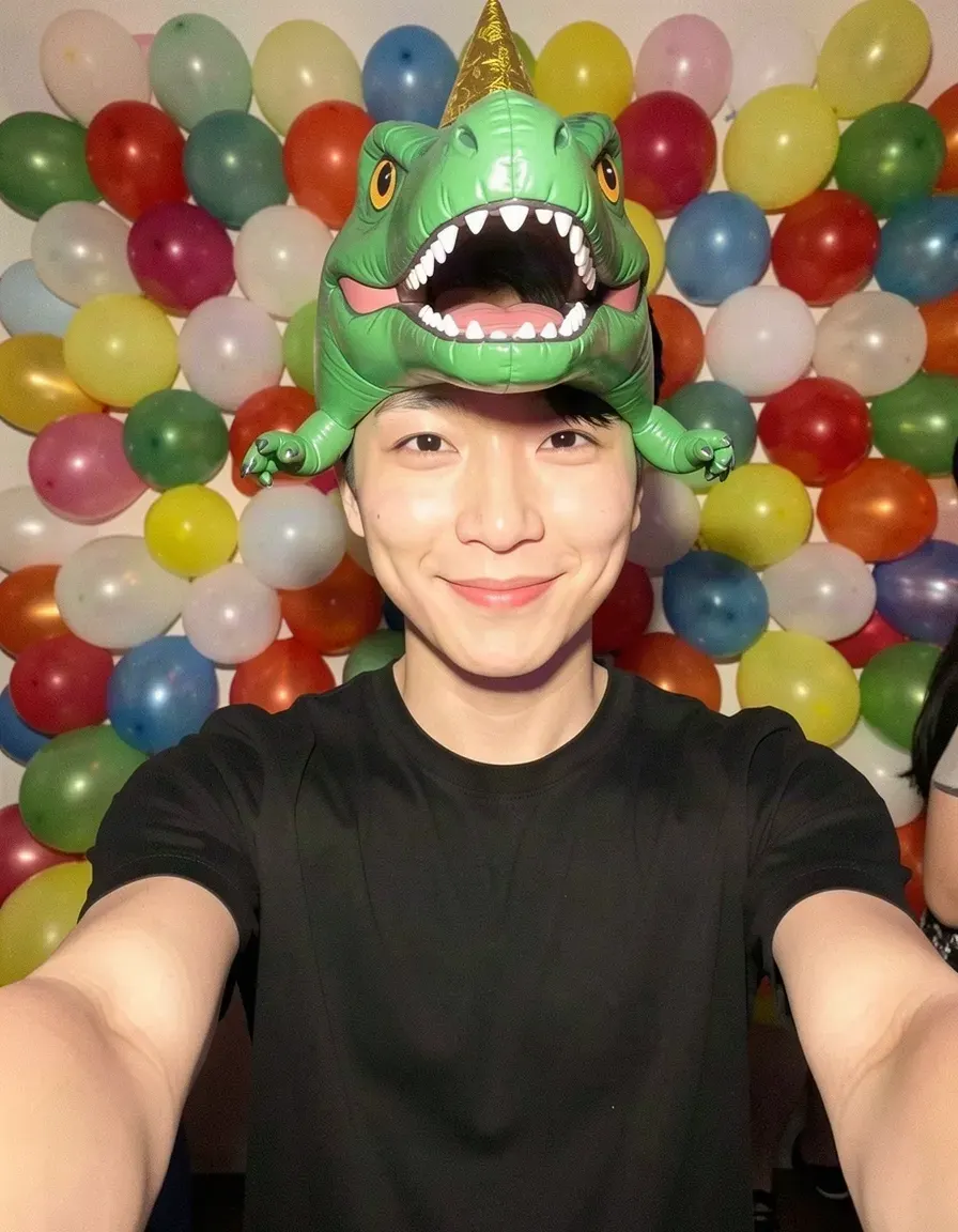 Joon's portrait, now with a green dinosaur hat among balloons