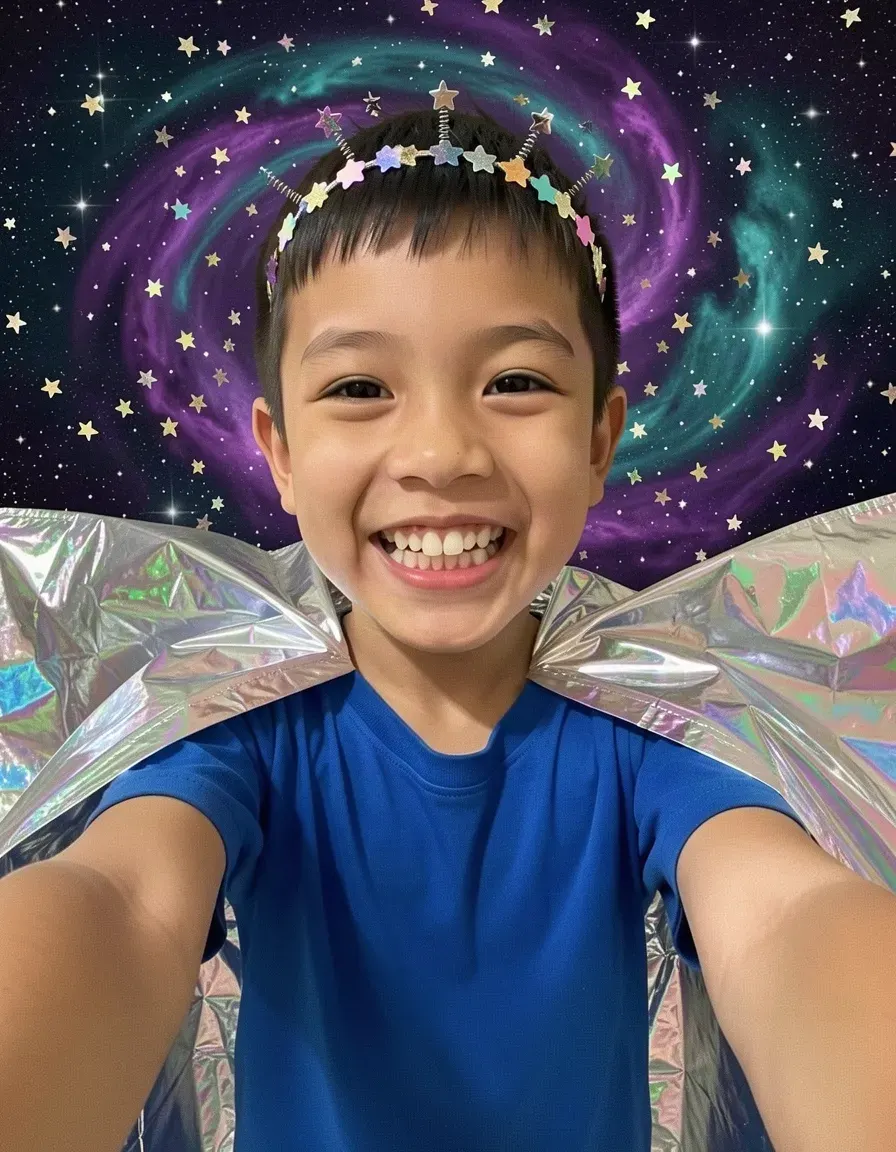 Leo's portrait, now with silver wings in front of a nebula
