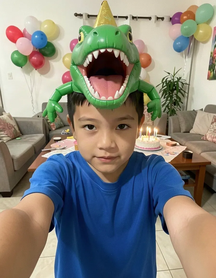 Booth theme: Leo's portrait, now with a green dinosaur hat among balloons